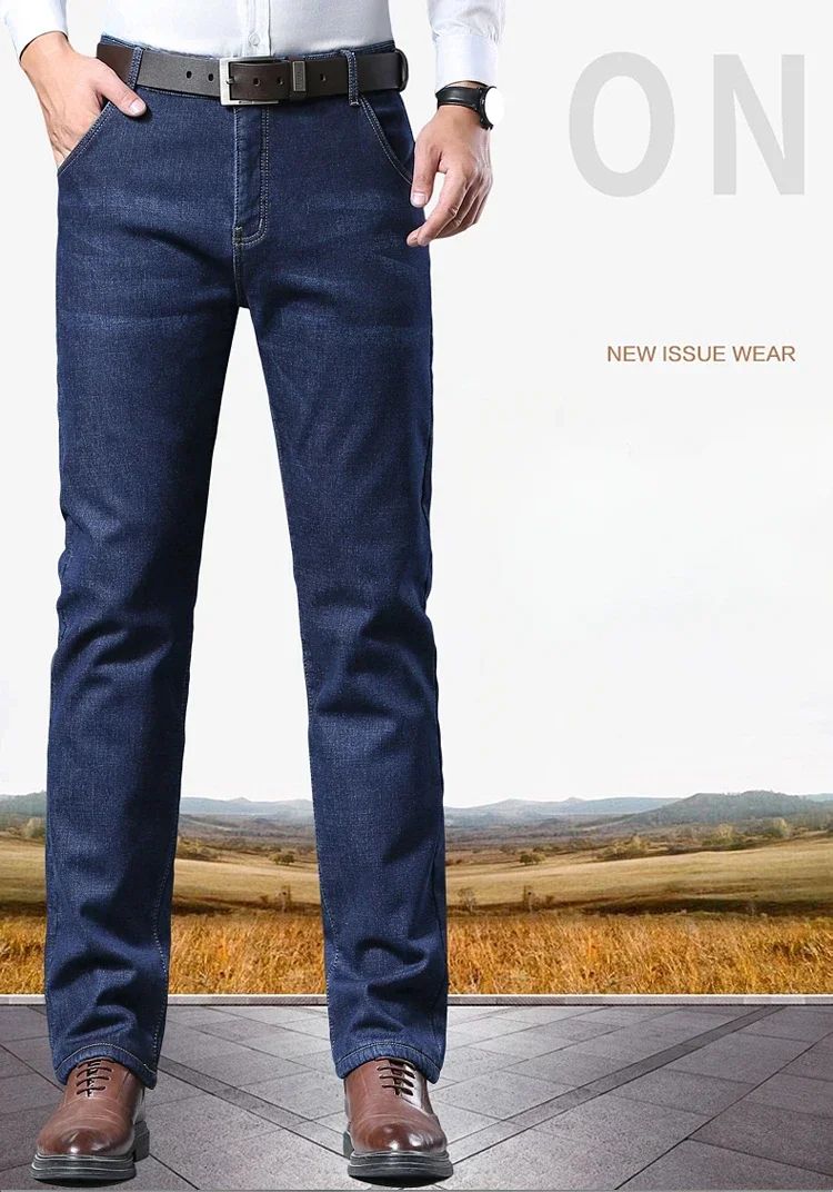 Calça Jeans Masculina de Inverno Forrada de Lã Grossa Sherpa Casual de Negócios Veludo Reta Masculina de Lã Pelúcia Clássica Elástica