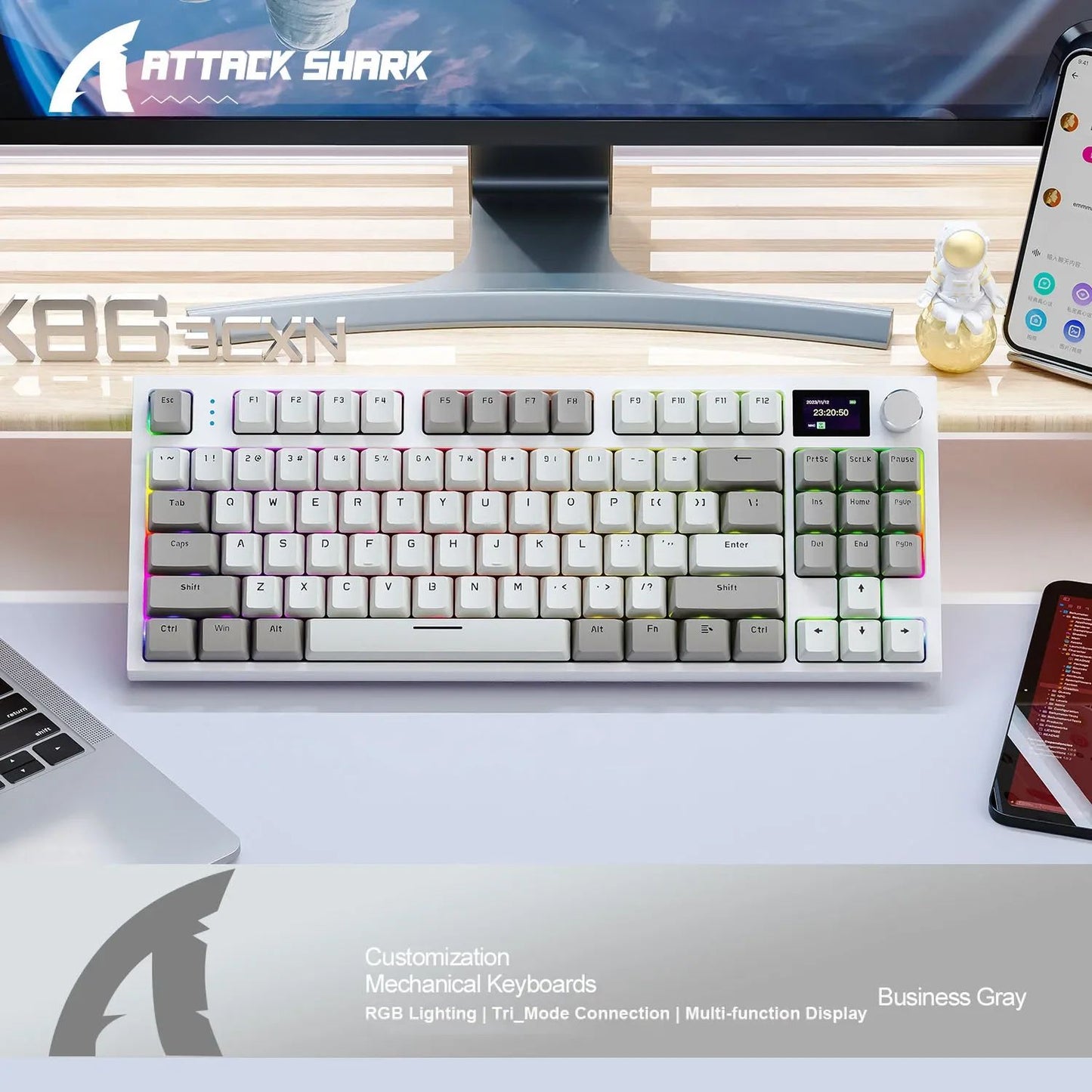 Teclado Mecânico Attack Shark K86 com Botão de Metal, Tela TFT, Hot Swap, RGB, Bluetooth/Wireless, Teclado Gamer Macro