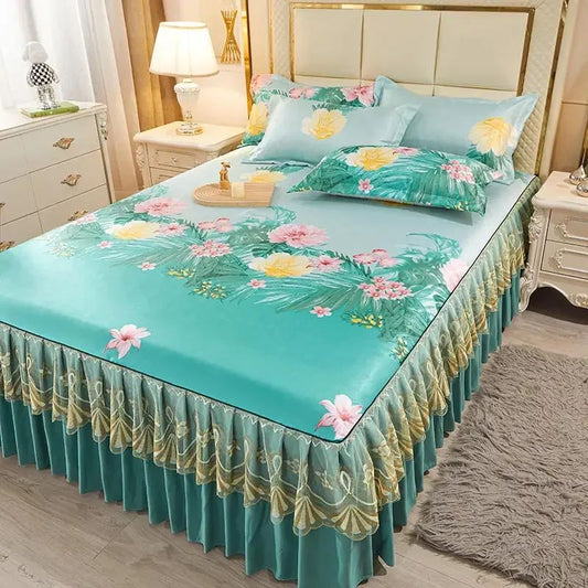 3Pcs/Lot Double Bed Sheet Set Classic Lace Royal Blue Bed Sheet Bed Skirt, Machine Washable Wedding Bedspread Mattress Cover