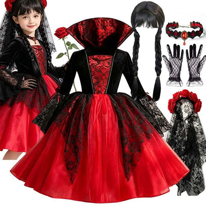 Kids Girls Cosplay Gothic Dark Ghost Bride Witch Vampire Halloween Costume Red Black Tutu Dress Wig Veil Kits Trick or Treat