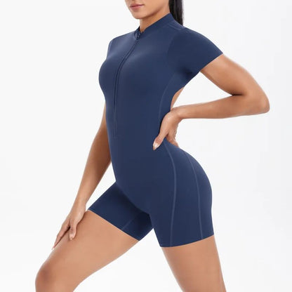 Women's Seamless Yoga Jumpsuit - Front Zip Open Back Breathable One-Piece Bodysuit for Gym Running Fitness Workout
