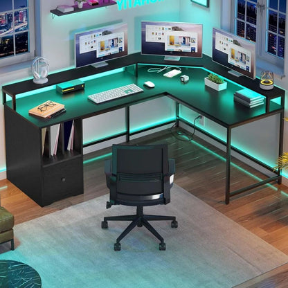 HOT-L Shaped Desk With Power Outlets  LED Lights, 67" Computer Desk With File Drawer, Corner Desk Home Office Desks