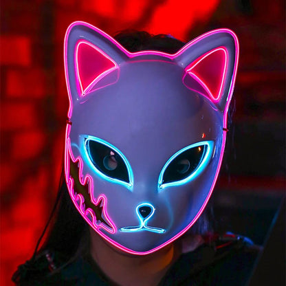 1PC Glowing Demon Slayer Led Face Mask Anime Cosplay Prop Cat Face Fox Halloween Cold Light Flashing Mask Party Costume