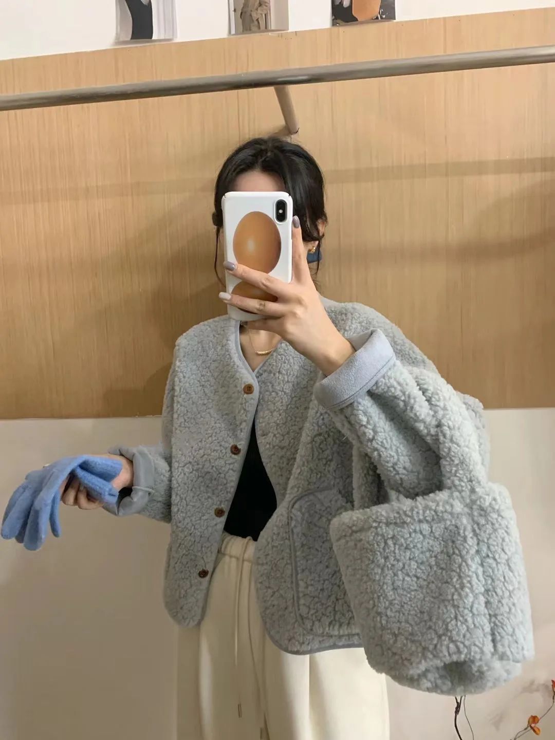 Korean Chic round Neck Single Button Loose Lamb Fur Jacket Winter Elegant Fashion Small Size with Bag Matching Women's Coat