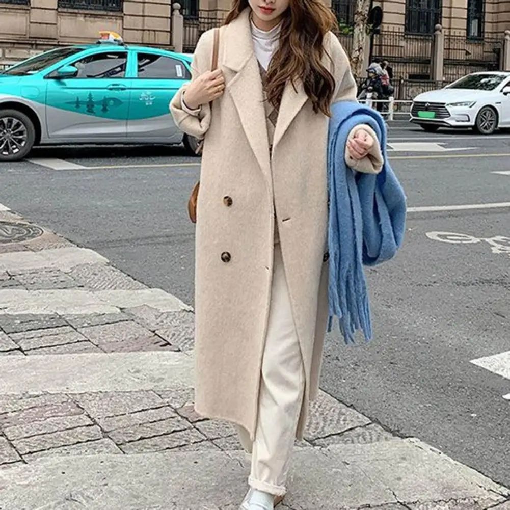 Women Coat Double-Breasted Mid-length Outerwear Lapel Stylish Warm Mid-Length Double Pockets Winter Coat Lady Accessories