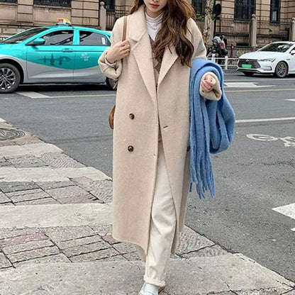 Women Coat Double-Breasted Mid-length Outerwear Lapel Stylish Warm Mid-Length Double Pockets Winter Coat Lady Accessories