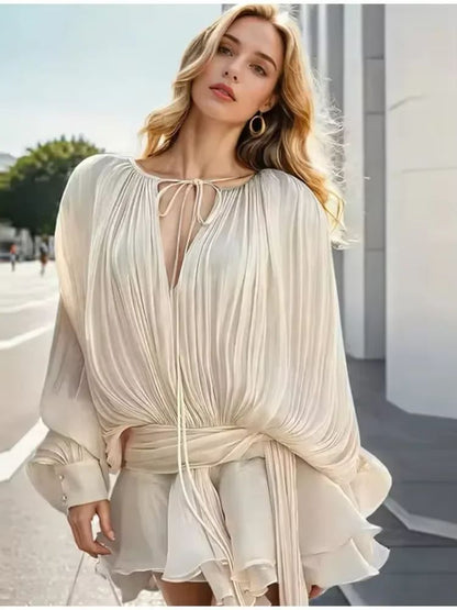 Elegant Ruffles Shiny Mini Dresses Fashion Solid Long Sleeve Lace Up V Neck Plea