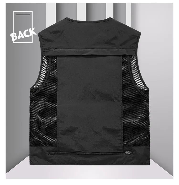 Colete Masculino de Malha com Vários Bolsos Secagem Rápida Sem Mangas Jaqueta Repórter Solto Casual Fino para Pesca Colete Masculino