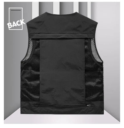 Colete Masculino de Malha com Vários Bolsos Secagem Rápida Sem Mangas Jaqueta Repórter Solto Casual Fino para Pesca Colete Masculino