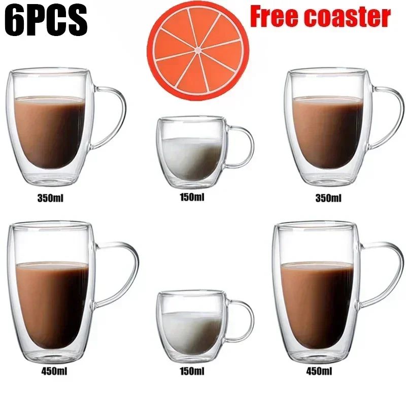 Caneca transparente de parede dupla 2-6 peças Copo de café e leite de vidro borossilicato alto resistente ao calor para casa e escritório
