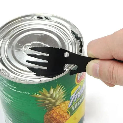Outdoor Multi-functional 5-in-1 EDC Camping Survival Tool Stainless Steel Fork Knife Spoon Can Opener Bottle Opener Wrench
