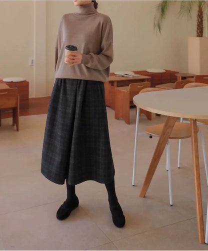 Women Elastic High Waist Woolen Pants Autumn Winter New Plaid Wool Wide Leg Pants Female Casual Loose Ankle-Length Skirts Pants