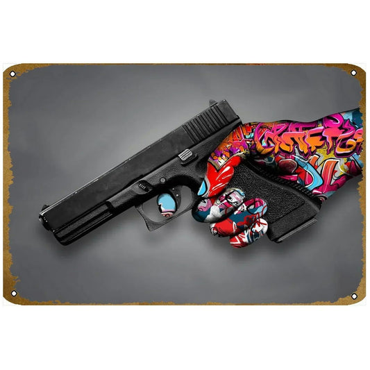 GUNHERO Pistol Metal Wall Signs - Bold Military Style - Perfect Decor for Man Caves, Homes, Bars & Garden Spaces