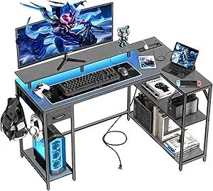 53inch L Shaped Desk,L Shaped Gaming Desk with Power Outlets & LED Lights, Computer Desk with Monitor Stand & Storage Bag, Home