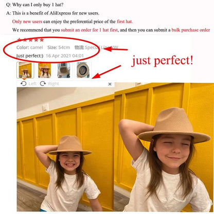 Kids Hat Girl 52cm Small Child Felt White Black Winter Hat Casual Dress Boy Girls Child Fedora Winter Hat Sombrero Panama Hombre