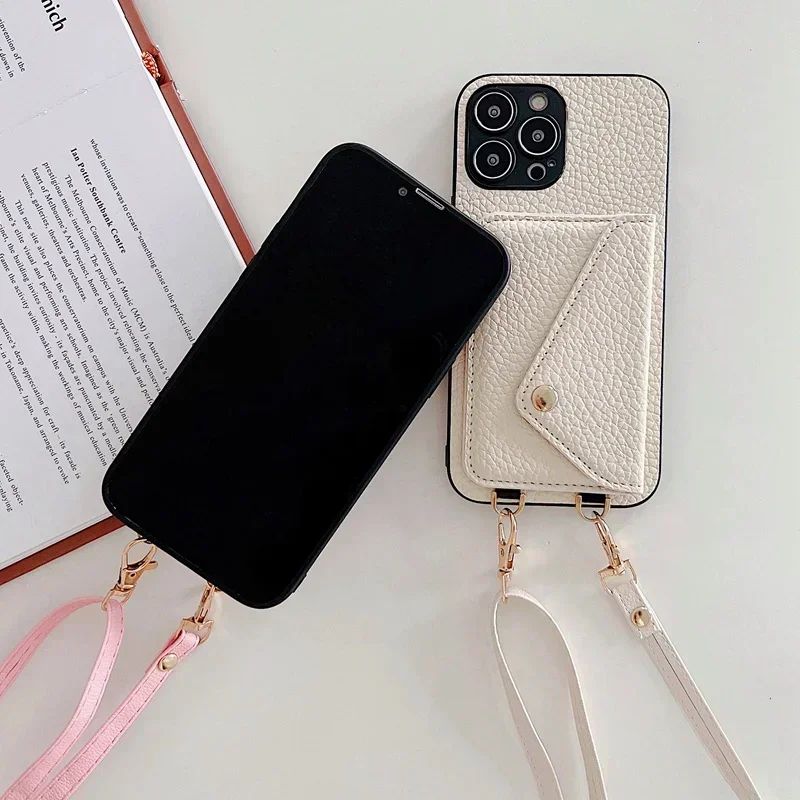 Capa de Couro com Alça Transversal e Suporte de Cartão para iPhone 17 Air 16 15 Plus 14 13 12 11 Pro Max