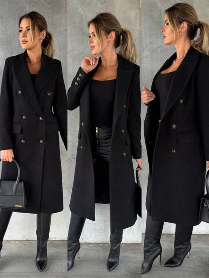 Autumn and Winter Women's Clothing Long-sleeved Lapel Solid Color Double-breasted Slim-fit Coat