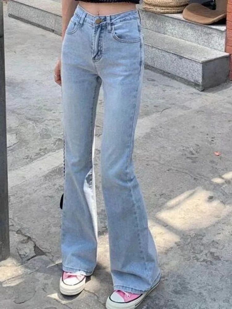 Women Korean Flare Jeans Girls High Waist Elastic Boot Cut Pants Lady Vintage Blue Black Gray Brown Denim Bell Bottom Trousers