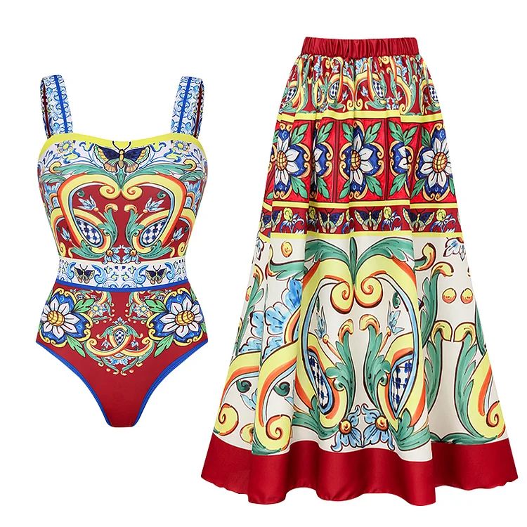 2024 Vintage Pattern Printed One Piece Swimsuit Swimwear Bikini Set Women Beachwear Clearance Wholesale