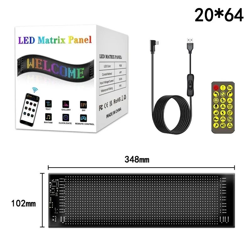 Painel de Pixels LED Flexível para Caminhão, Olhos de LED Brilhantes com Rolagem, Sinal de Carro LED USB com Controle Bluetooth por Aplicativo DIY