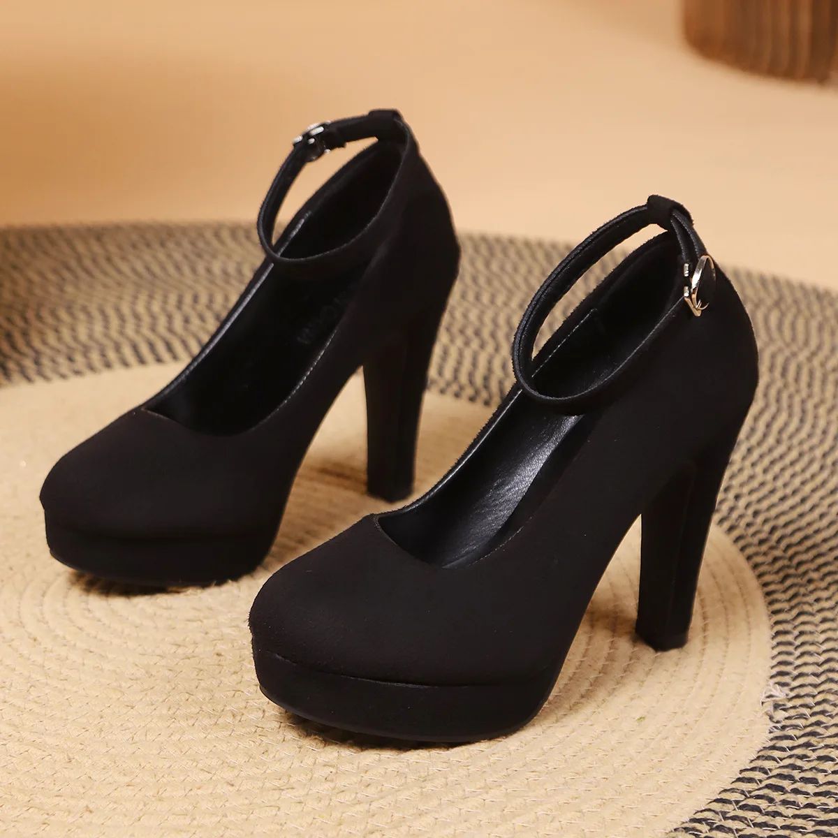Large Size 42 Sexy Super High Heels Shoes for Women Ankle Buckle Chunky Platform Pumps Woman Black Flock Square Heel Party Shoes