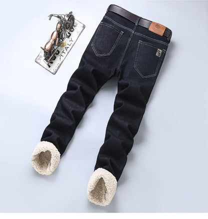 Calça Jeans Masculina de Lã Aveludada, Inverno, Forrada com Lã Grossa, Casual de Negócios, Reta, Jeans, Macia, Confortável, Térmica, Elástica, Calças Masculinas