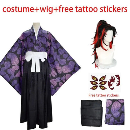 2026 New Edition Kokushibo Role-Play Wig, Temporary Tattoos, Anime-Print Kimono Top, Halloween Party Costume