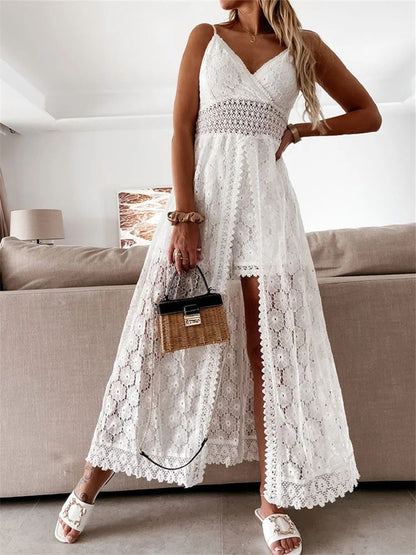 2025 Summer Women Lace Playsuit Dress Sleeveless V Neck Hollow Out Irregular Mid