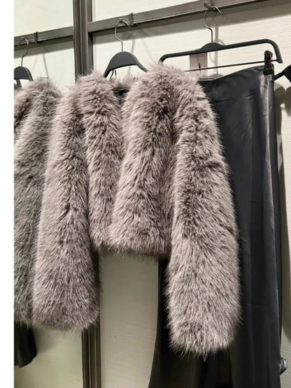 Faux fur jacket Traf   Fall/Winter New Fashion Women's Faux Fur Effect Round Neck Long Sleeve Short Jacket 2025