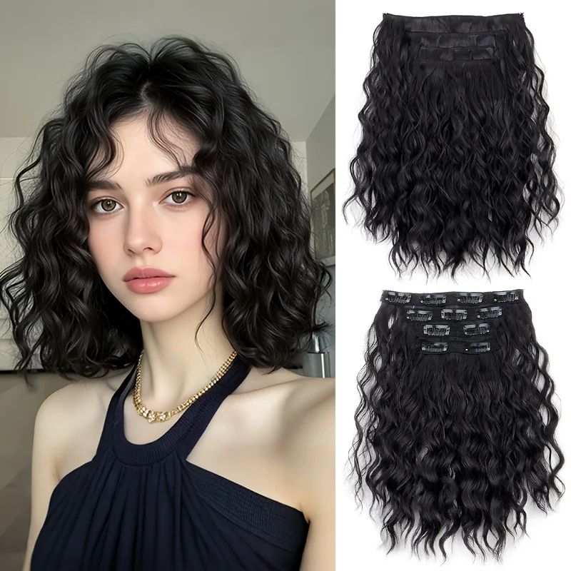 4 peças/conjunto Apliques Sintéticos de Cabelo Curto com Ondas de Água Macios Fofos Cacheados Peruca Acessórios de Cabelo da Moda A