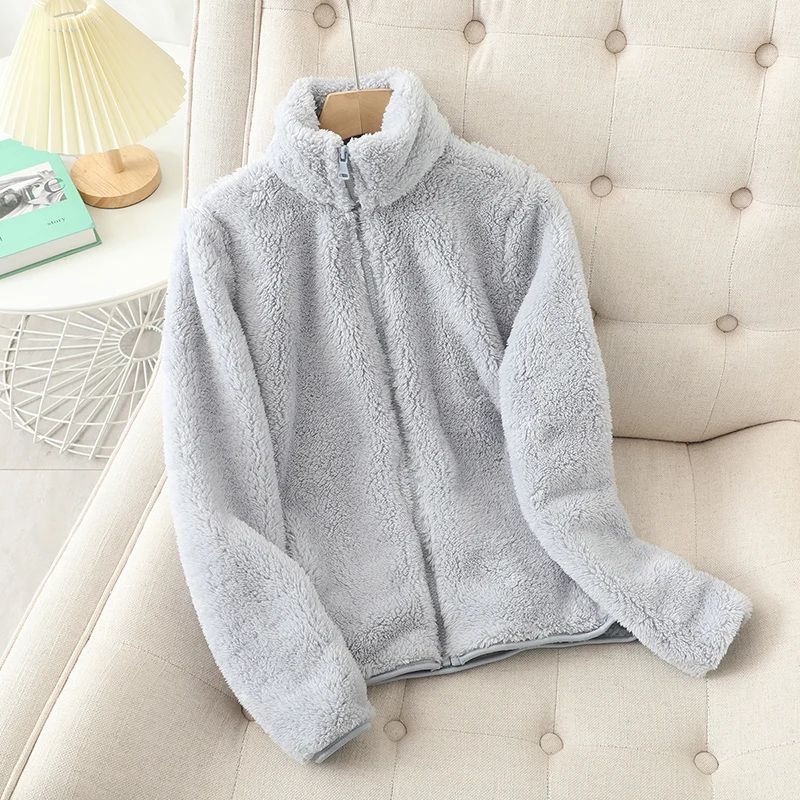 Women's Solid Color Fleece Coat Autumn Winter Warm Zipper Hoodie Loose Stand Collar Jacket Fashion Casual Elegant Ladies Clothes