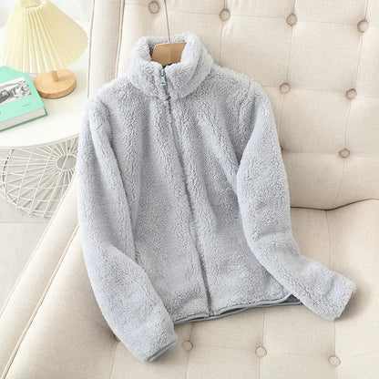 Women's Solid Color Fleece Coat Autumn Winter Warm Zipper Hoodie Loose Stand Collar Jacket Fashion Casual Elegant Ladies Clothes