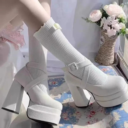 Luxury Shoes Fashion Designer Platform Women Mary Jane Shoes Cross Strap Thick Heel Shoes Ladies College Style Dress Pumps Shoe
