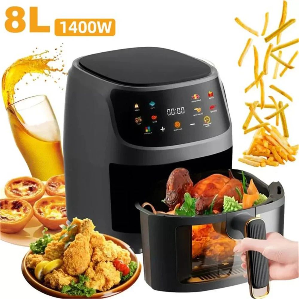 Fritadeira sem Óleo 1400W 8L para Uso Doméstico, Programável, Smart LED Touch, Ciclo Térmico, Forno, Batata Frita, Frango