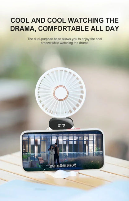 Portable Handheld Mini Fan Foldable Neck Hanging Fans 5 Speed USB Rechargeable Fan with Phone Stand and Display Screen 1800mAh