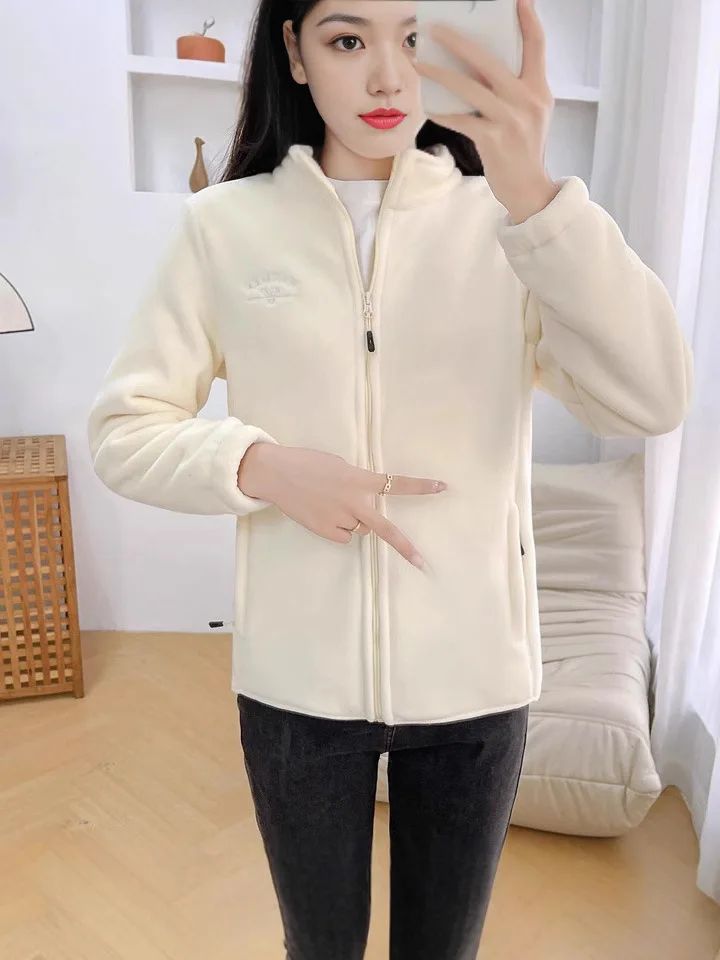 2026 Women's Wool Liner Coat Winter Loose-Fit Full Sleeve Polar Fleece Zipper Letter print Thickened Coat Cardigan Sporty jacket