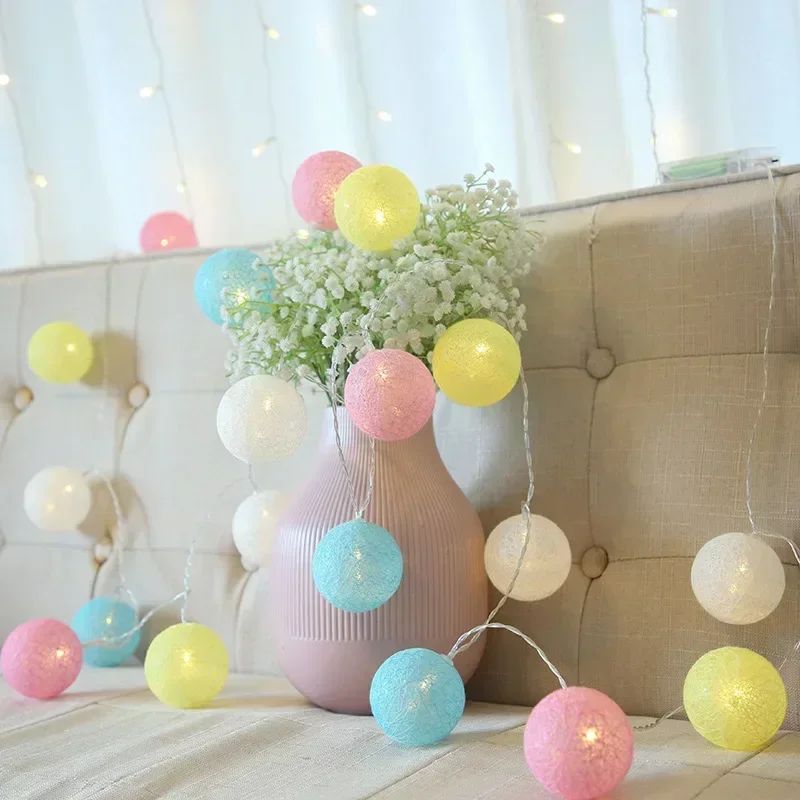 10/20LED Cotton Balls String Lights Battery Powered Fairy Garland Lighting Strings Holiday Wedding Party Decoration Birthday