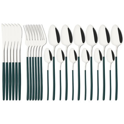 24Pcs Stainless Steel Dinnerware Set Kitchen Fork Spoon Knife Dinner Cutlery Set White Silver Western Flatware Tableware Set