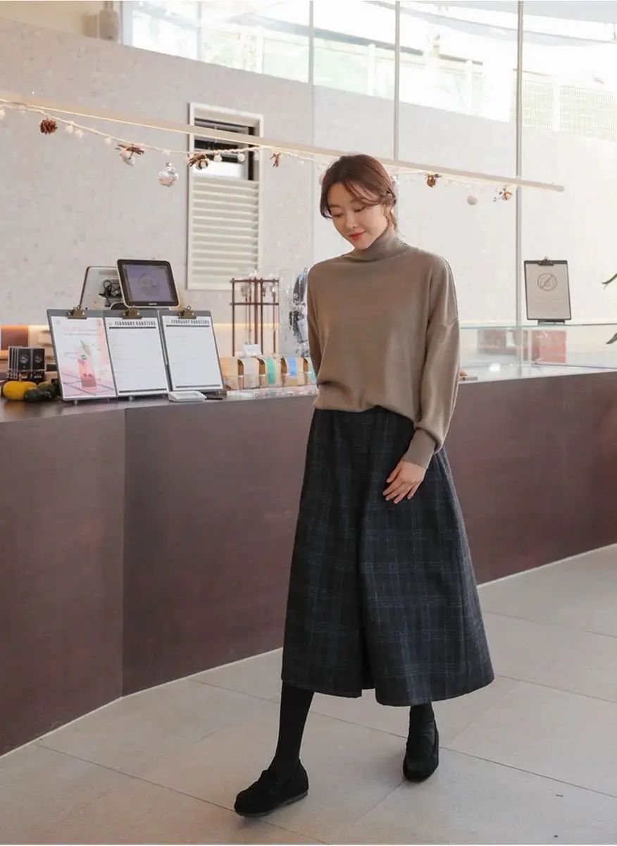 Women Elastic High Waist Woolen Pants Autumn Winter New Plaid Wool Wide Leg Pants Female Casual Loose Ankle-Length Skirts Pants