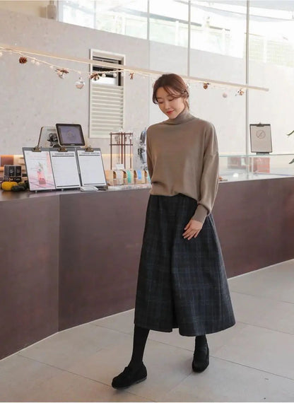 Women Elastic High Waist Woolen Pants Autumn Winter New Plaid Wool Wide Leg Pants Female Casual Loose Ankle-Length Skirts Pants