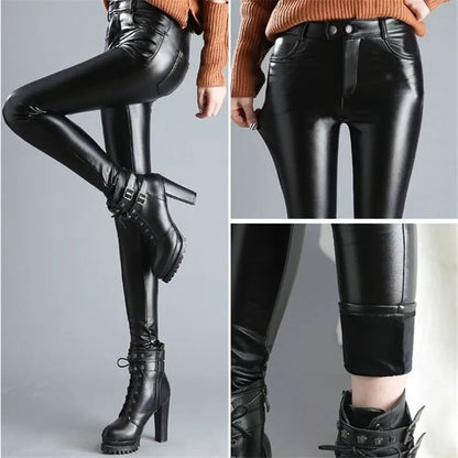 PU Leather Pants for Women Leggings Pencil Pants with Thermal Lining Female High-Waisted Stretchy Slim Fit Autumn Winter Black