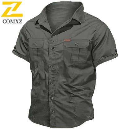 New Mens Work Shirt Casual Retro 100% Cotton Short Sleeve Flying Cargo Shirt Man Summer Fishing Hunting Multi Pocket Shirt 2025