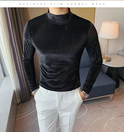 New Gold Velvet T Shirt Men Clothing Fashion Trend Male Luxury Prom Party Long-sleeved Striped Pullover Tops Homme