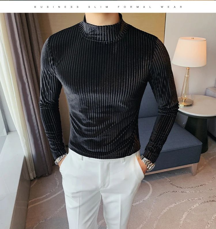 New Gold Velvet T Shirt Men Clothing Fashion Trend Male Luxury Prom Party Long-sleeved Striped Pullover Tops Homme
