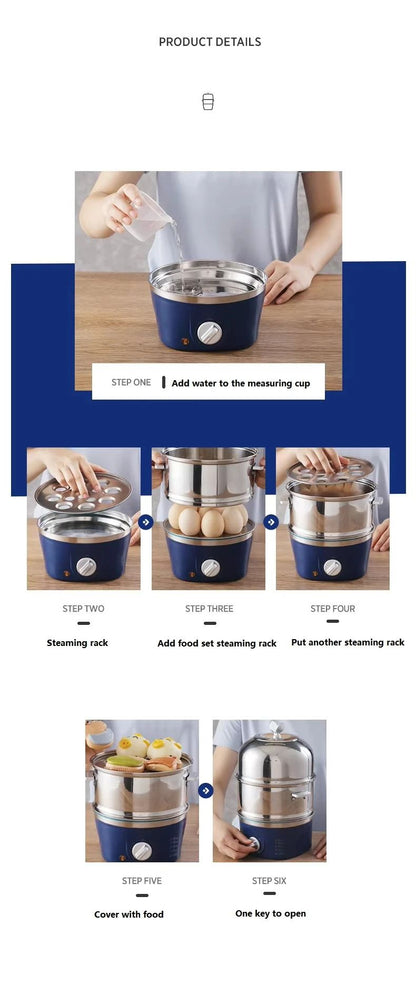 Panela Elétrica Multifuncional de Aço Inoxidável com Camada Dupla para Cozinhar Ovos – Vaporizador, Cozedor e Preparador de Café da Manhã, Eletrodoméstico Mini para Cozinha