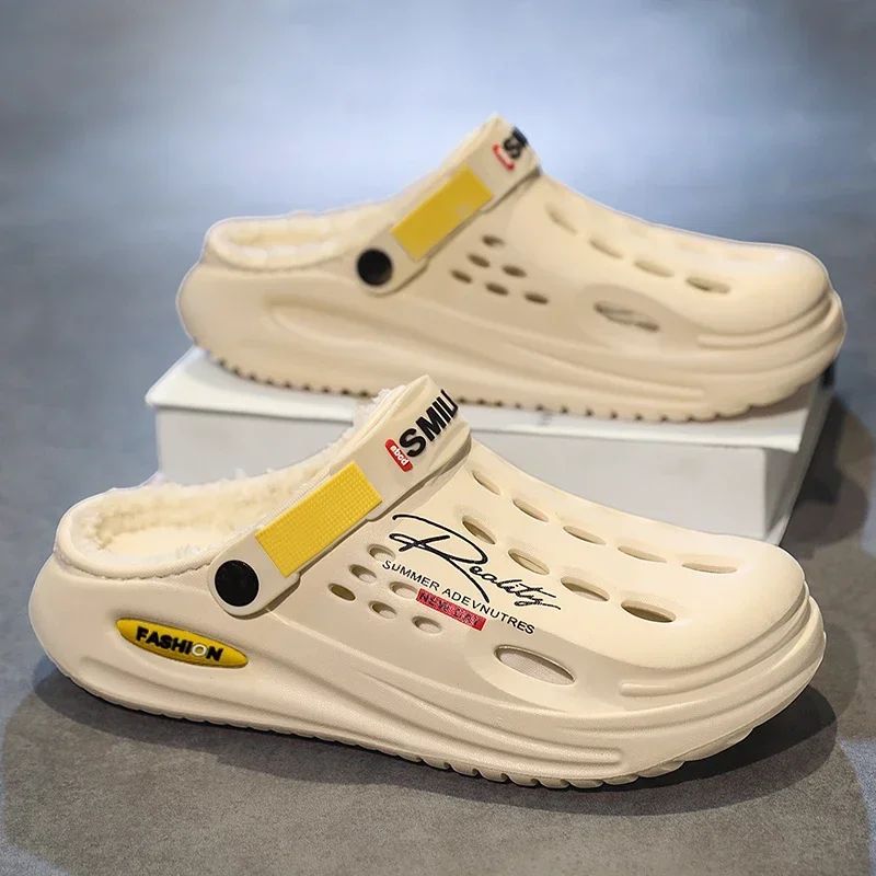 Men Cotton Slippers Winter Warm Furry Clogs Soft Indoor Bedroom Cotton Shoes EVA Fluff Slides Casual Comfortable Plush