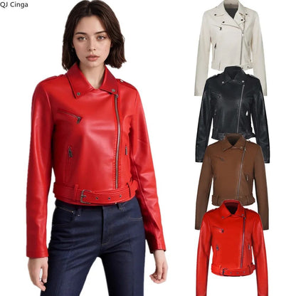 Women's Bright Red Long-sleeve PU Jacket, Lapel Collar Black Short Faux Leather Coat, Available in Dark Brown or Beige.