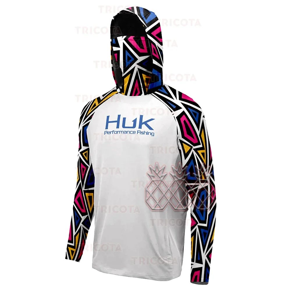 Camisas HUK Fishing Hoodies com Capuz Máscara Protetora para Pesca Roupas de Pesca Masculinas Manga Longa Respirável Proteção UV UPF50+ Camisetas de Pesca