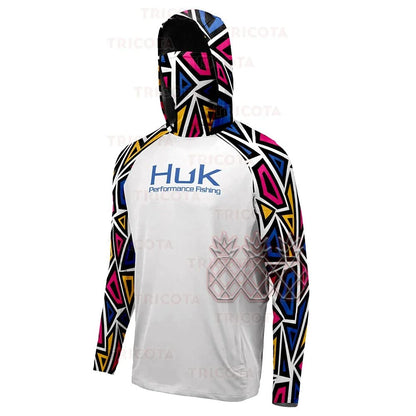 Camisas HUK Fishing Hoodies com Capuz Máscara Protetora para Pesca Roupas de Pesca Masculinas Manga Longa Respirável Proteção UV UPF50+ Camisetas de Pesca
