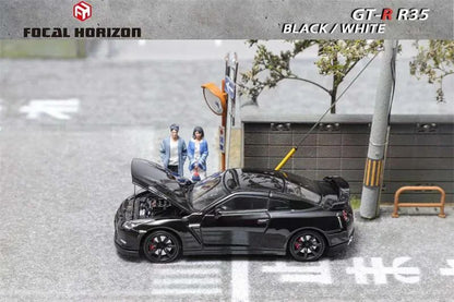Focal Horizon 1:64 Skyline GTR R35 Preto / Branco Capô Articulado Miniatura de Carro Die-Cast Colecionável